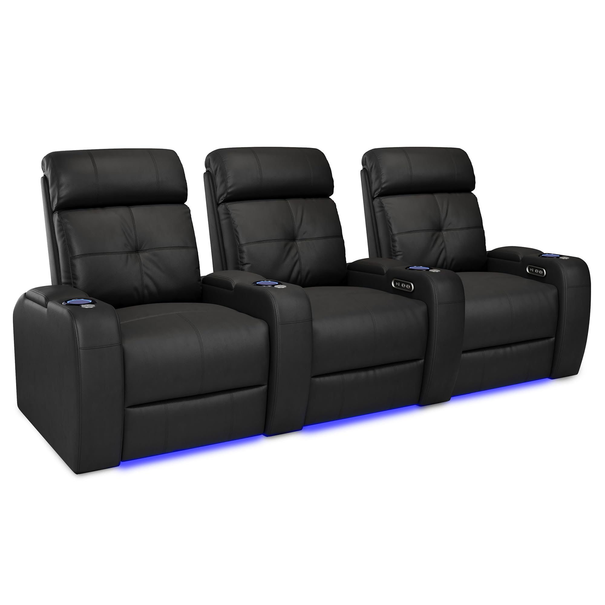 Valencia 2025 Verona Power Headrest Home Theater Seating – Top Grain Nappa Leather 9000 – Power Adjustable Headrest, USB-C Fast Charging, LED Cup Holders (Row of 3, Black)