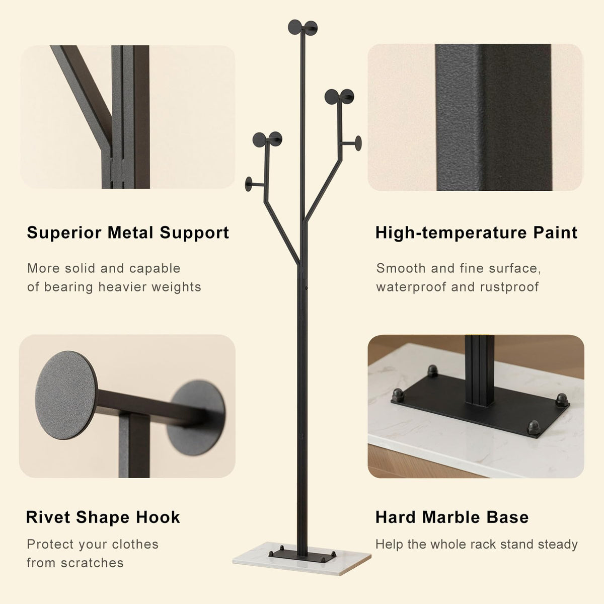 JIAYUEJU Freestanding Coat Rack Marble Base Coat Tree Heavy Duty(Black)