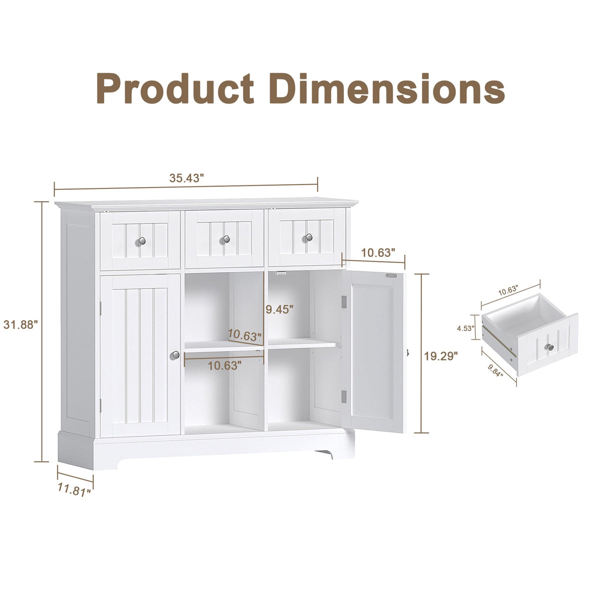 ChooChoo 35.4" Coffee Bar Cabinet with 3 Drawers and 2 Doors, White
