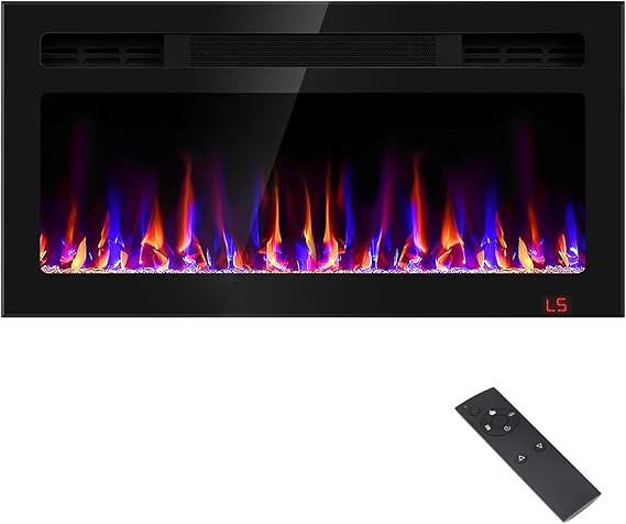 Wall-Mount Recessed Electric Fireplace with Adjustable Flame & Heater