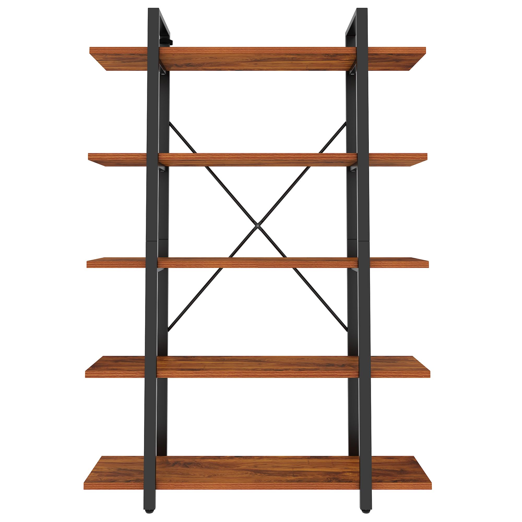 BATHWA Wood and Metal Minimalist 5 Tier Bookshelf, 6 feet Tall Open Rustic Wide Bookcase Industrial Style, Modern Wooden Big Book Shelf for Home Living Room Bedroom Office Storage, Rustic Brown