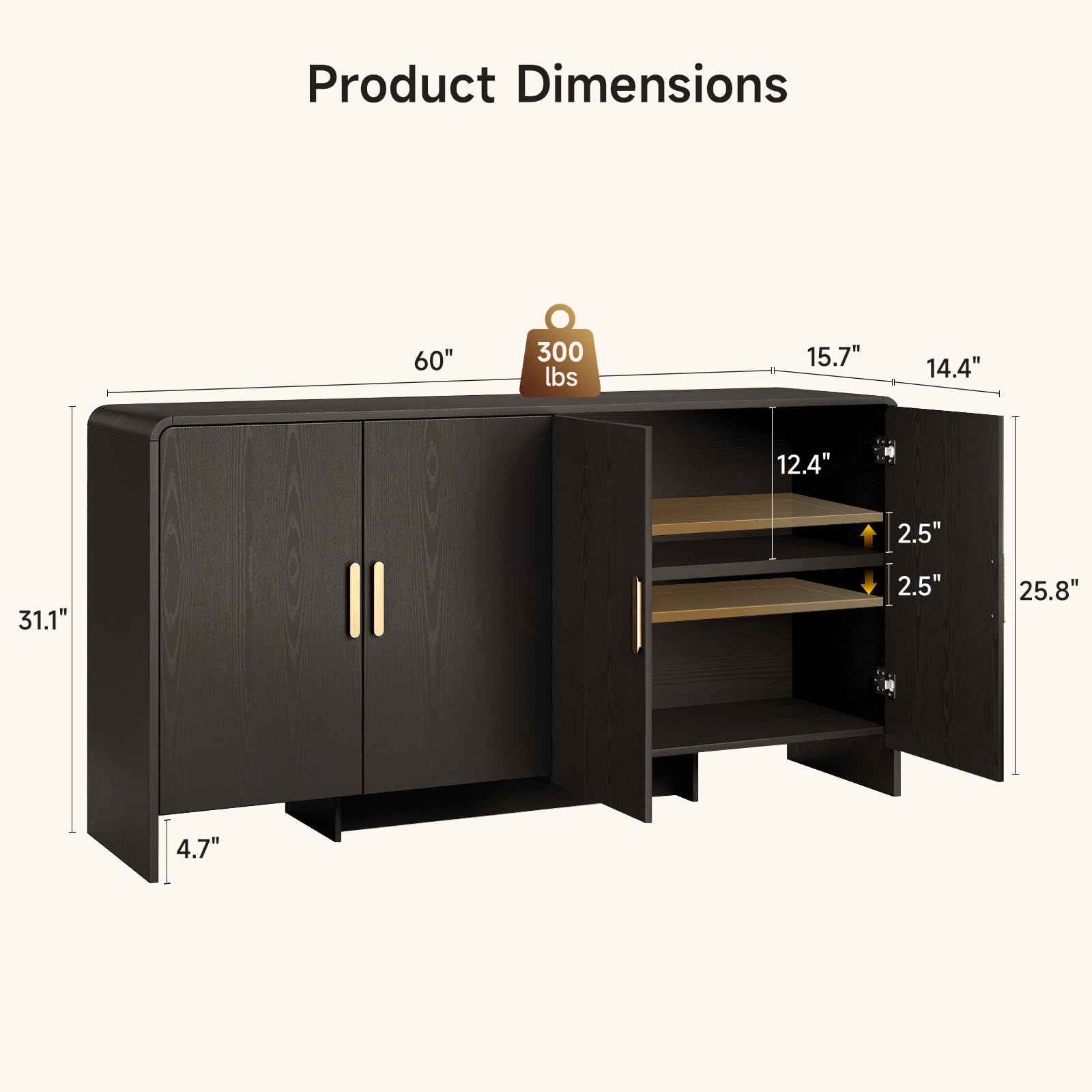 60" Sideboard Buffet Cabinet, Large Curved Design Storage Cabinet with 4 Doors & 2 Adjustable Shelves, Sturdy Build, Easy Assembly, Bar Console Fit for Dining Room/Living Room/Kitchen, Black