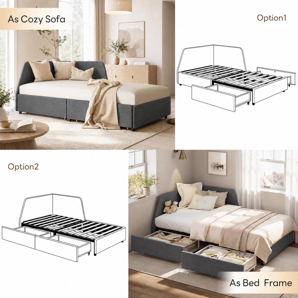 LIKIMIO Premium Twin Corner Daybed with 2 Drawers and Headboard, Grey