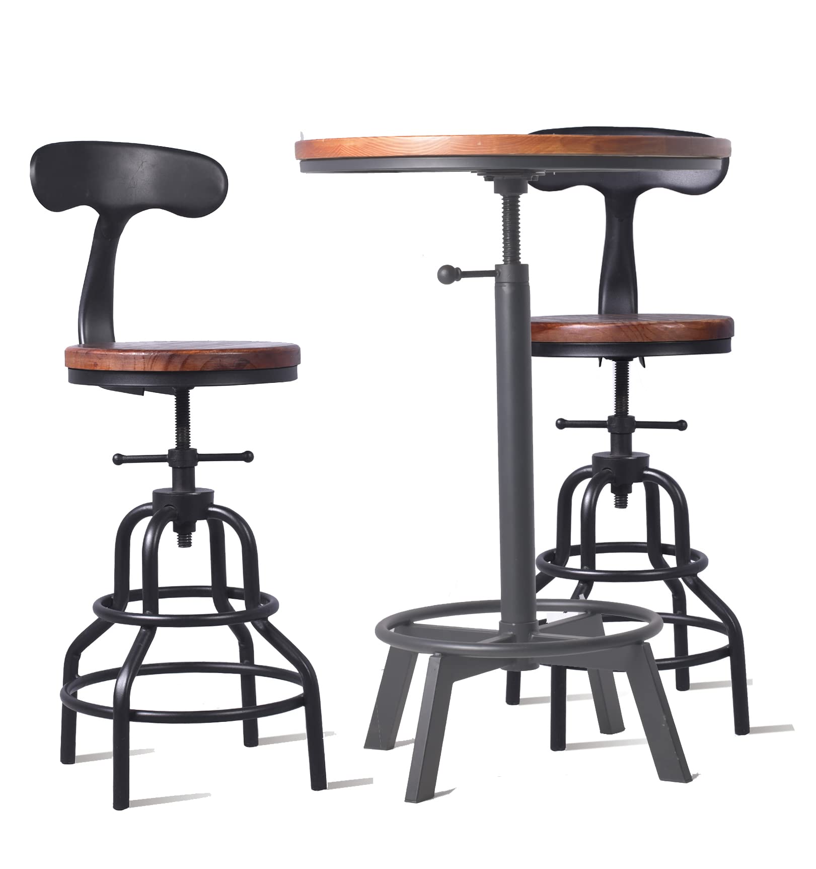 Diwhy 3 Piece Bar Set Industrial Style Adjustable Dia 19.7" Bar Table and 2 Stools with Backrest for Kitchen, Pub, Bistro