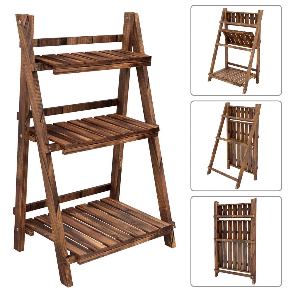 Yaheetech Wooden Plant Stand, 3-Tier Foldable Ladder Shelf, Indoor Outdoor