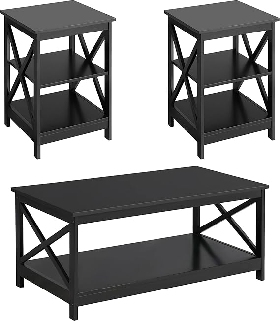 3-Piece Coffee & End Table Set – X-Design with Shelf