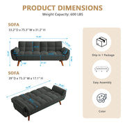 Gleariae 75" Convertible Futon Sofa Bed, Sleeper Couch Bed with Adjustable Backrest, Small Couches for Small Spaces, Living Room, Bedroom and Office (Dark Gray)