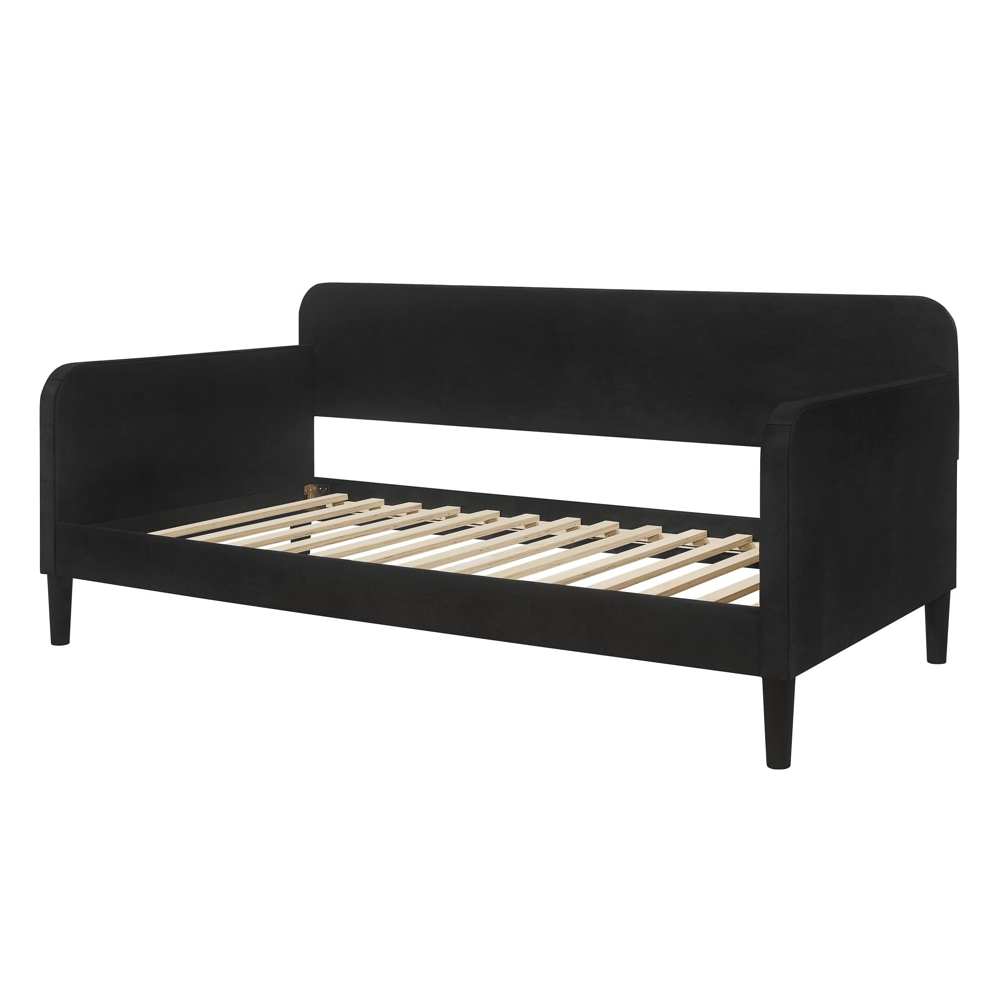 HOME DESIGN Savannah Twin Daybed, Velvet Upholstery, Clean Lines, Rounded Track Arms, Slim Wooden Feet, Full Slat System, Black