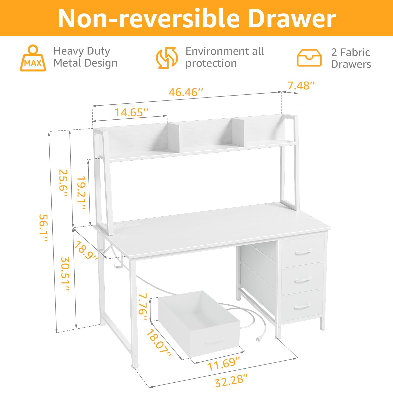 47" Computer Desk with Hutch, 3 Fabric Drawers & Power Outlets