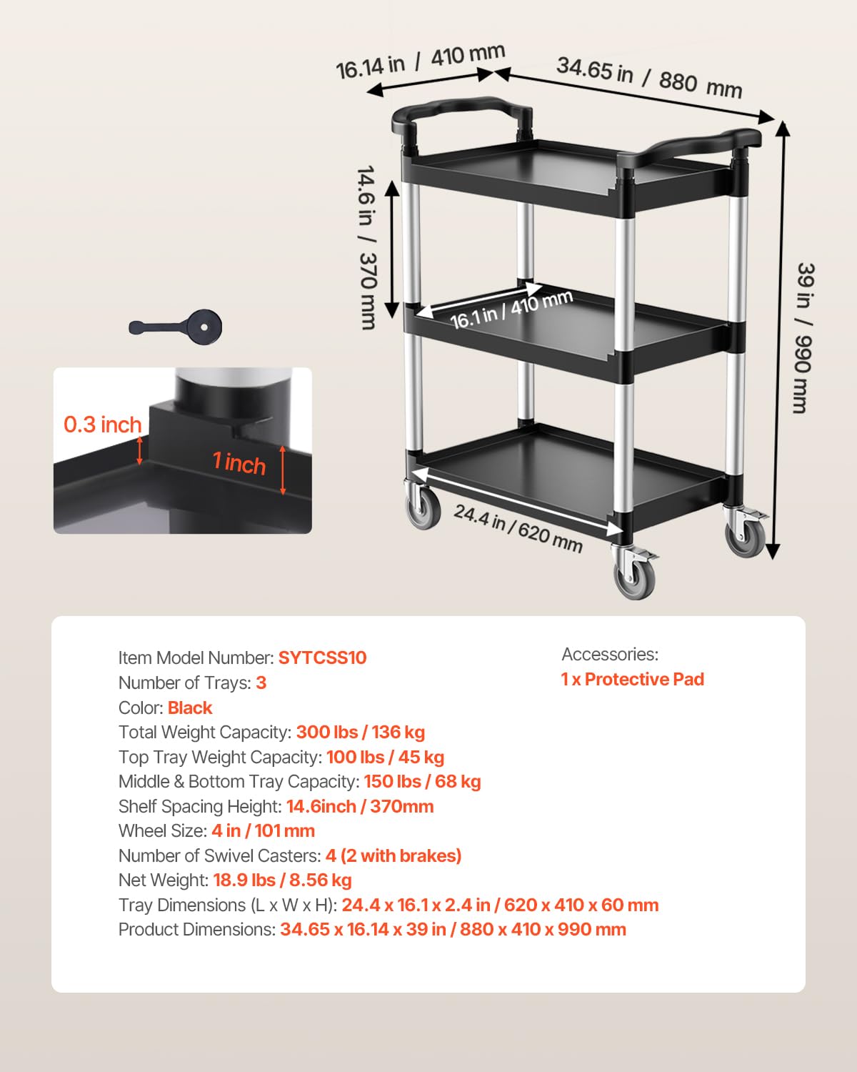3-Tier Rolling Utility Cart with Swivel Wheels