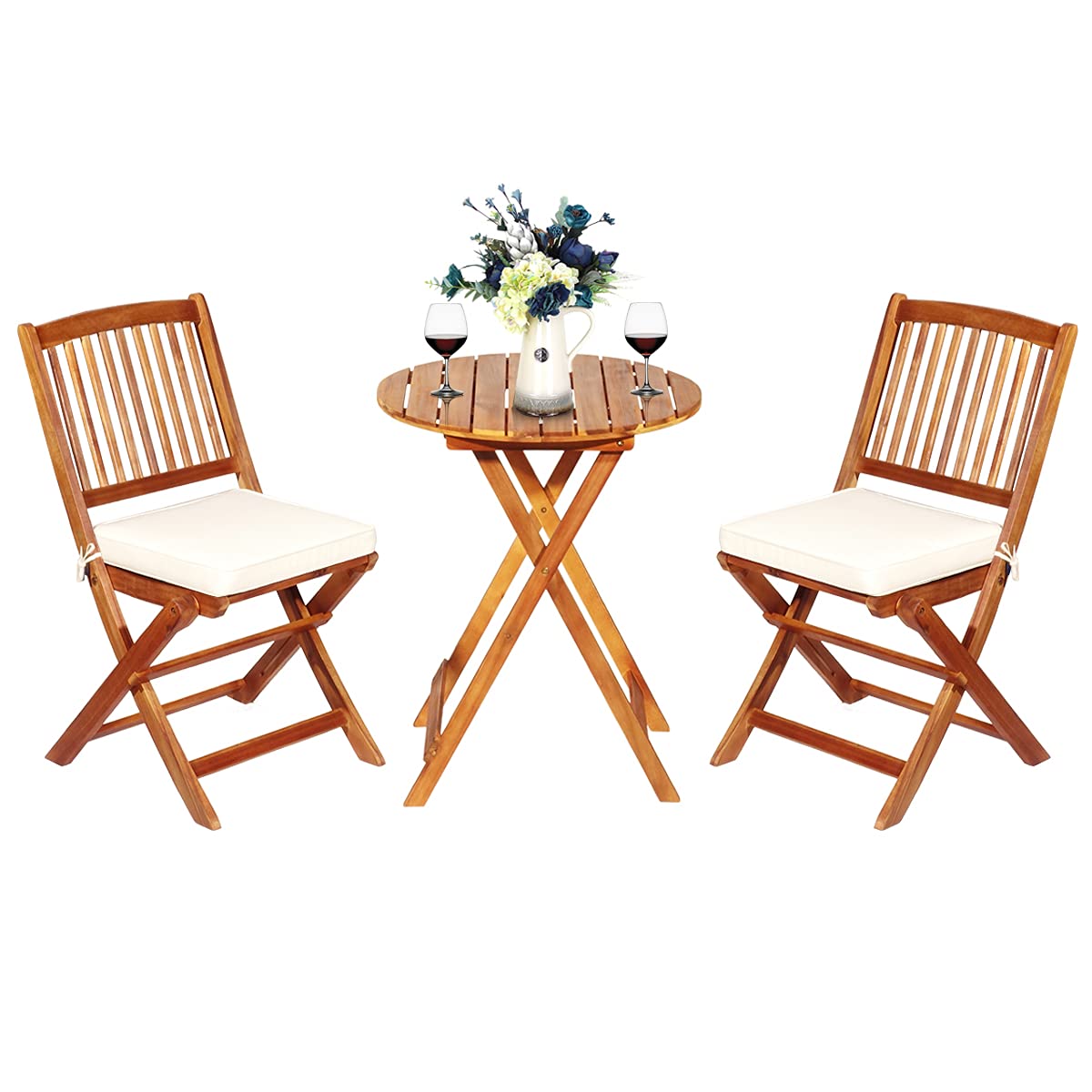 ORALNER 3-Piece Acacia Wood Folding Patio Bistro Set, Small Outdoor Balcony Furniture, Round Coffee Table and 2 Chairs with Soft Cushions, Teak Table Set for Porch, Backyard, Deck (Cream White)