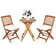 ORALNER 3-Piece Acacia Wood Folding Patio Bistro Set, Small Outdoor Balcony Furniture, Round Coffee Table and 2 Chairs with Soft Cushions, Teak Table Set for Porch, Backyard, Deck (Cream White)