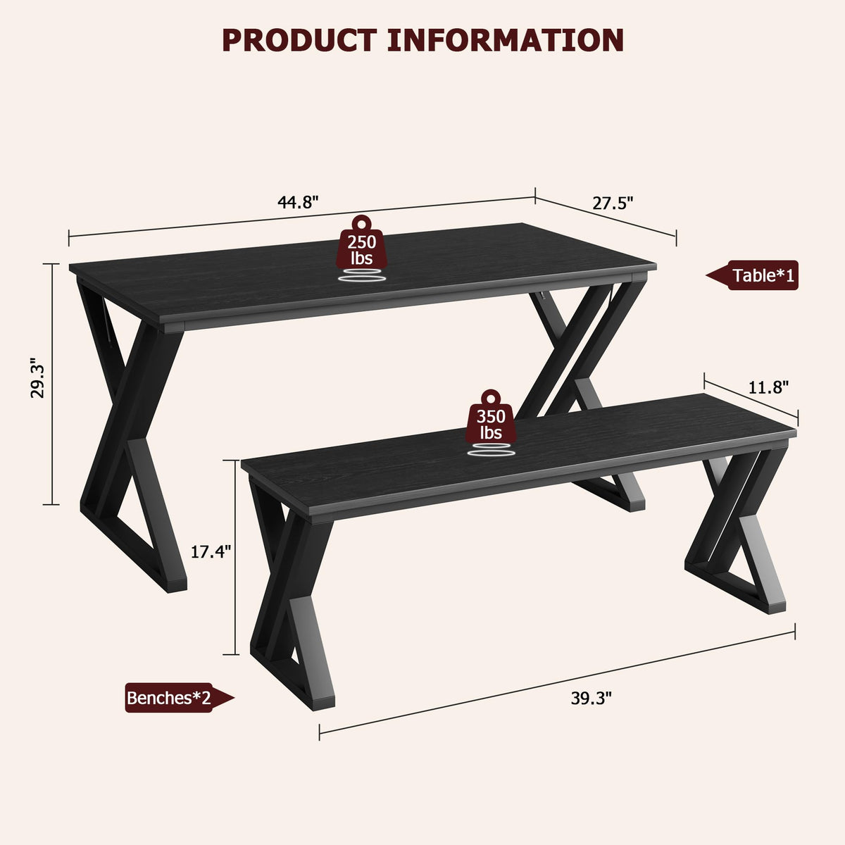 Homhougo Kitchen Room Table Set with Benches,44.8" Dining Table Set for 4,Sturdy Metal Kitchen Table Set with X Metal Frame Space Saving, Ideal for Kitchen, Apartment, Studio, Black