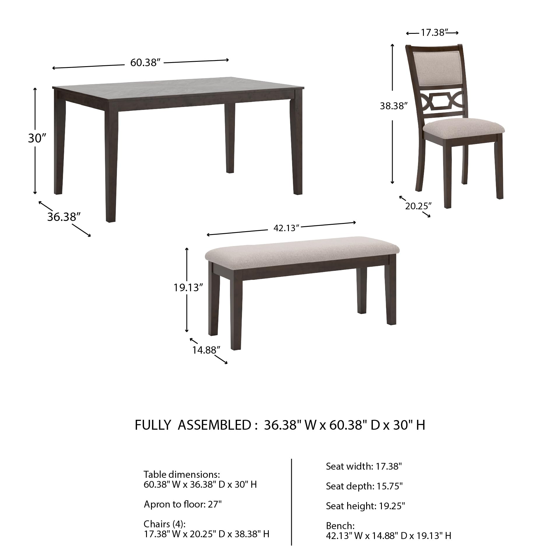 6-Piece Dining Table Set with Bench & Upholstered Chairs