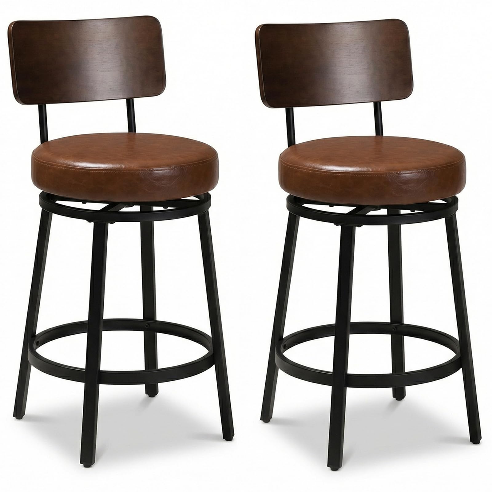 Swivel Bar Stools Set of 2 with Wood Backrest & Metal Legs