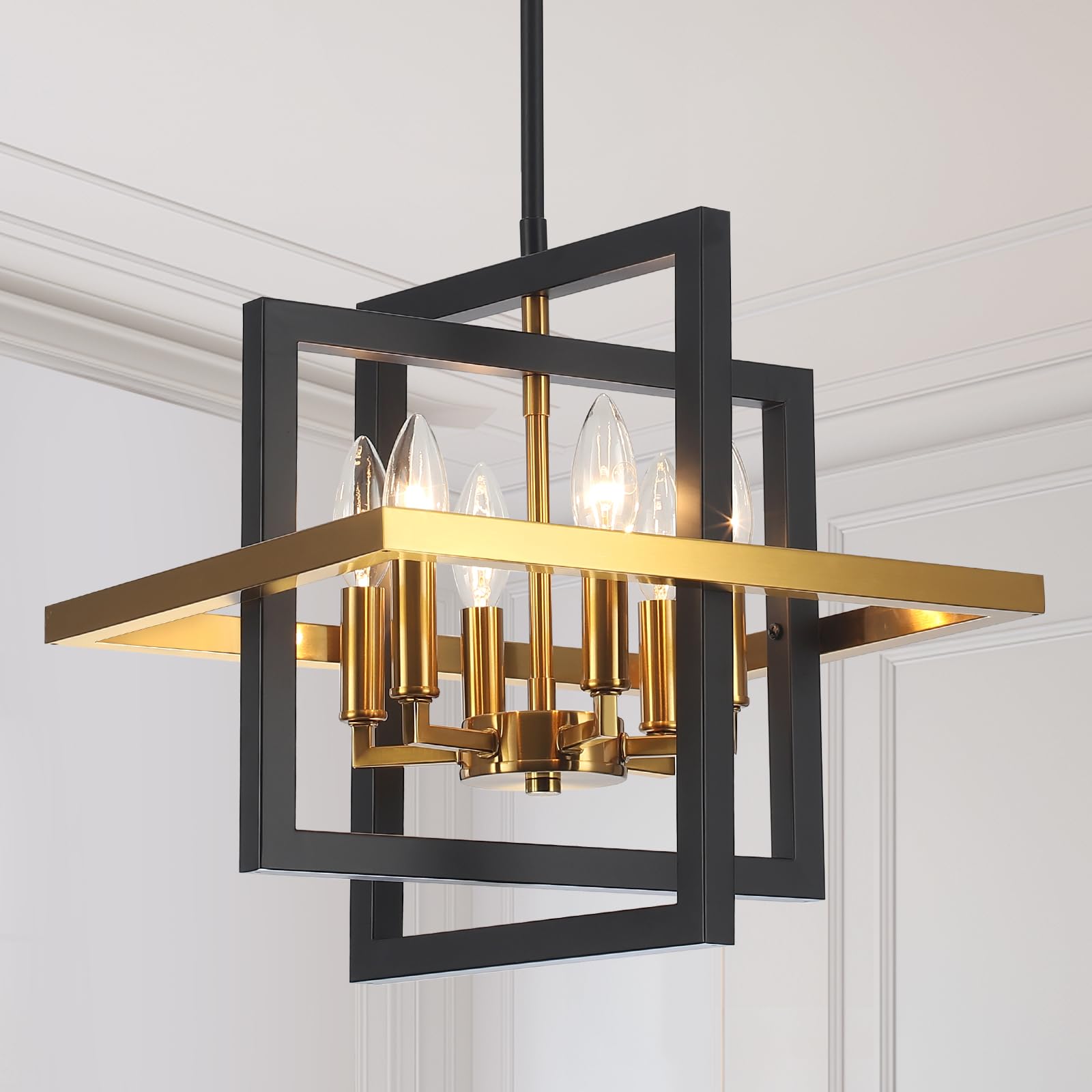 SJCCDSGS Small Black and Gold Chandelier- 6 Lights Geometric Pendant Light Fixture, Modern Industrial Chandeliers Hanging Lights for Entryway Dining Room Living Room Kitchen Island Hallway Foyer