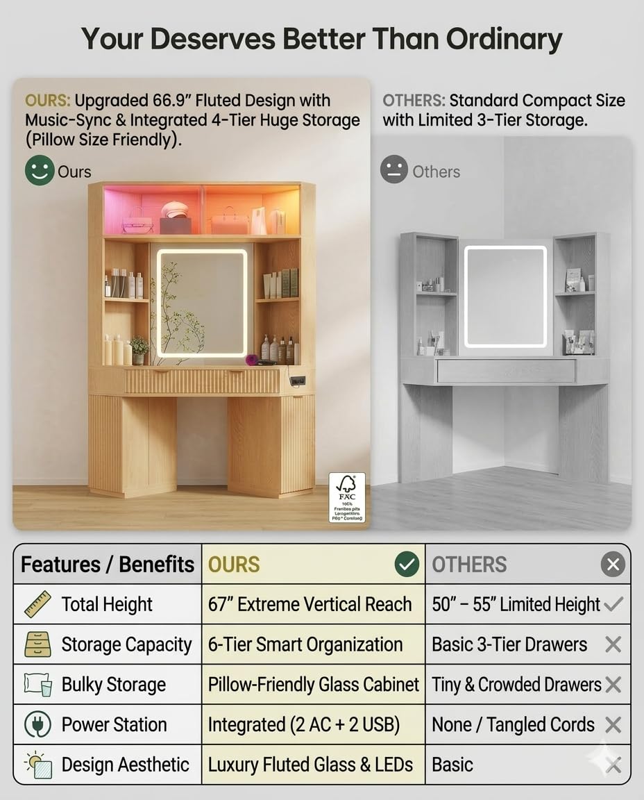67" Corner Vanity Desk, Large Cabinet, Music Sync LED Lights, Power Hub