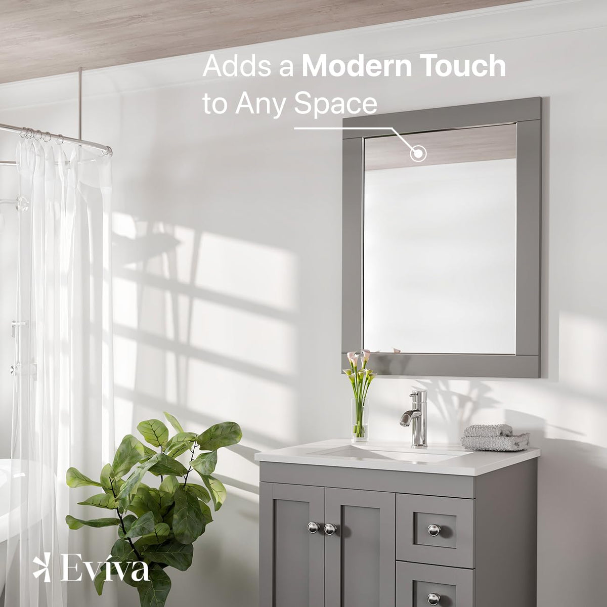 Gray Wood-Framed Bathroom Mirror