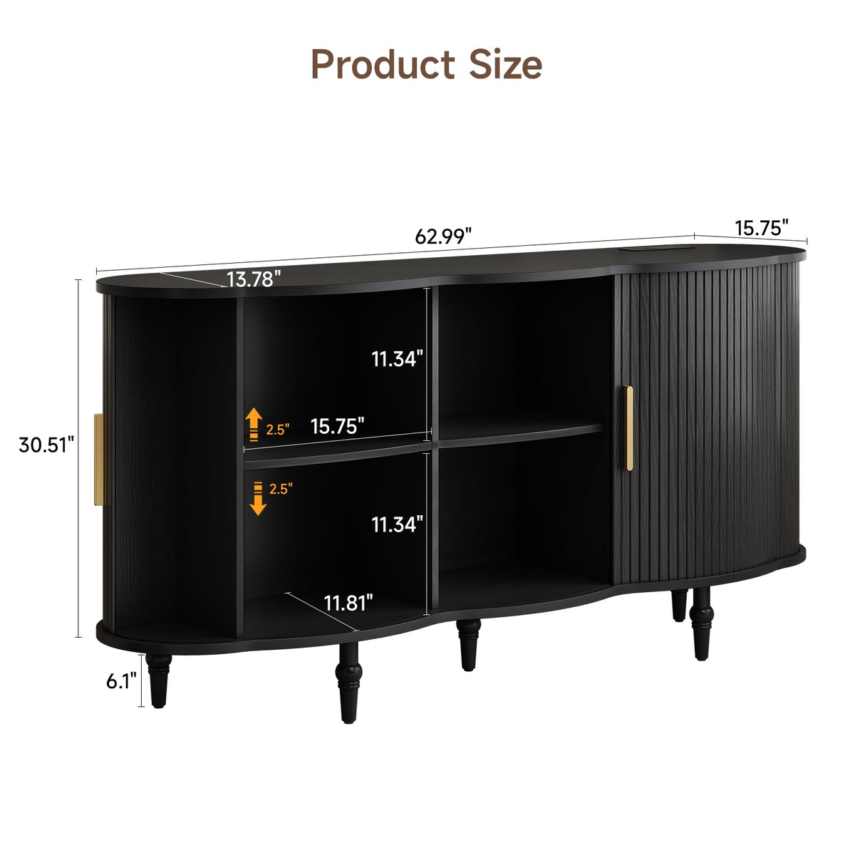 ONBRILL 63" Fluted Sideboard Buffet Cabinet with Storage (Black)