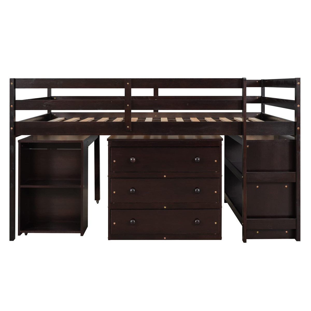 Merax Solid Wood Full-Size Low Loft Bed Frame with Ladder for Kids Bunk, Cabinet + Desk, Pure Espresso
