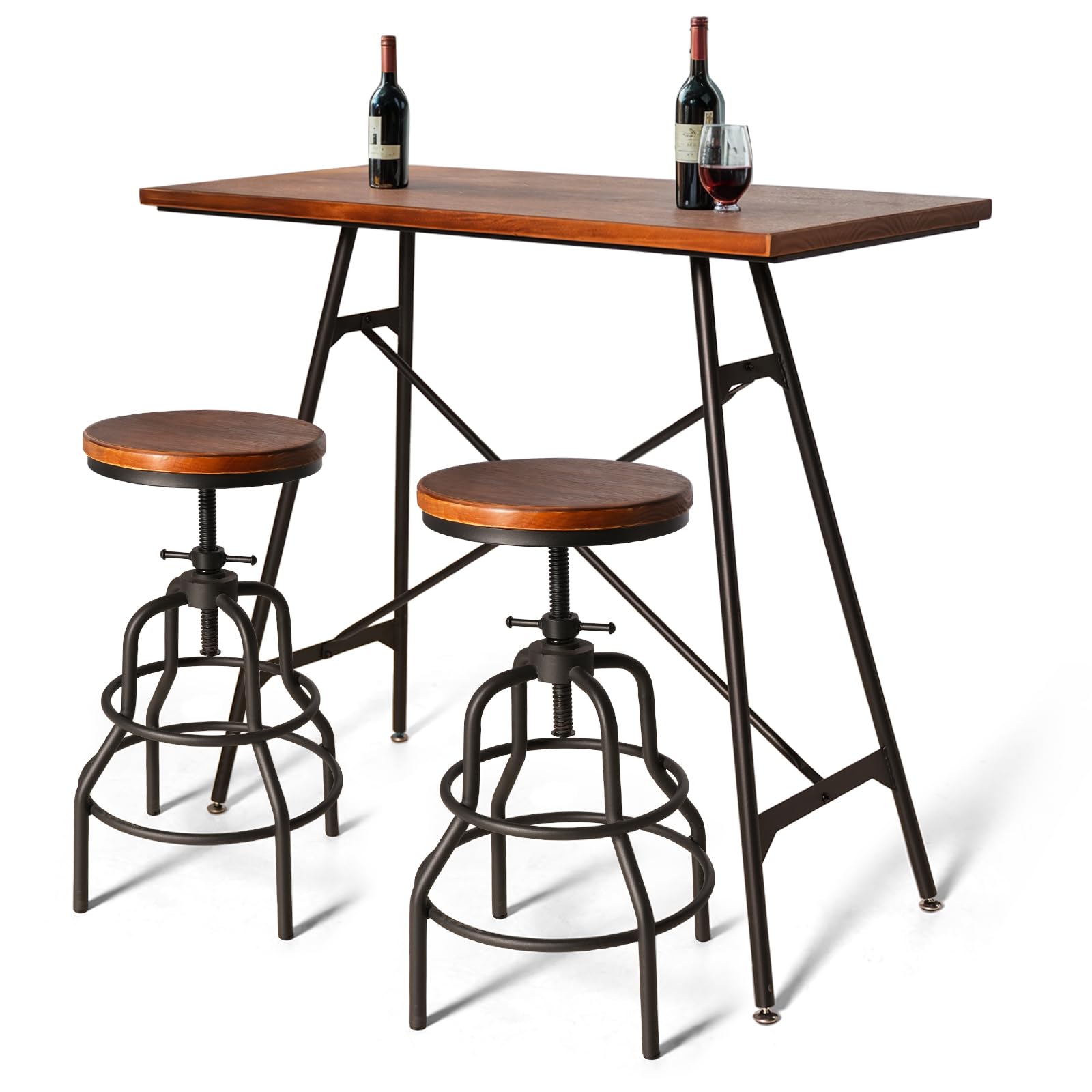 LOKKHAN Modern Industrial High Top Bar Table & Chairs Set with 2 Adjustable Swivel Stools - Black Metal Base & Brown Wood Top - Space-Saving Compact Home Pub Furniture, 45.3" L x 41.34" H