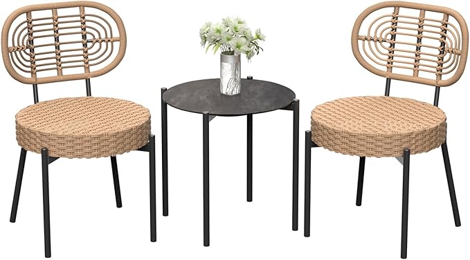 3-Piece Wicker Patio Bistro Set with Tempered Glass Table