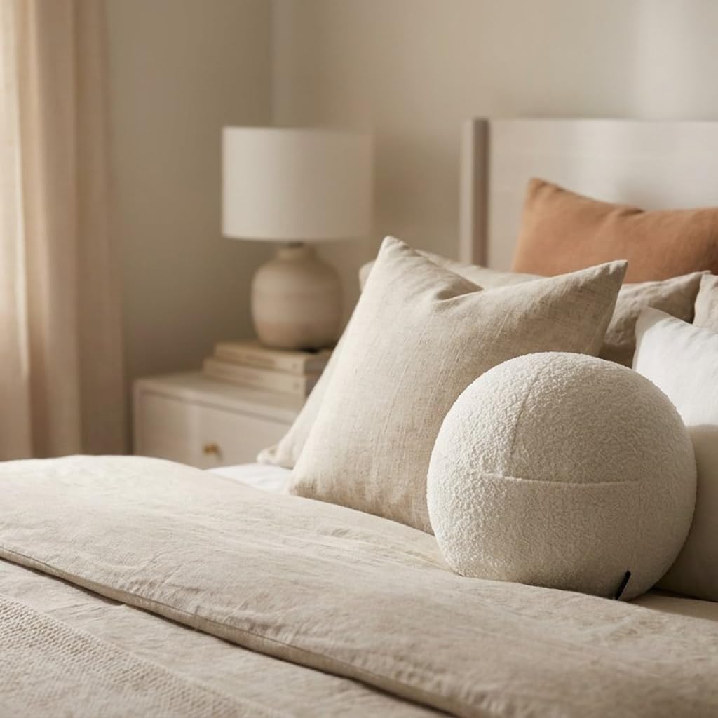 COZELA Orb Bouclé Sphere Pillow, 12 Inch Ergonomic Back & Arm Support, 600 GSM Textured Décor Throw Pillow with Hidden Pocket, White