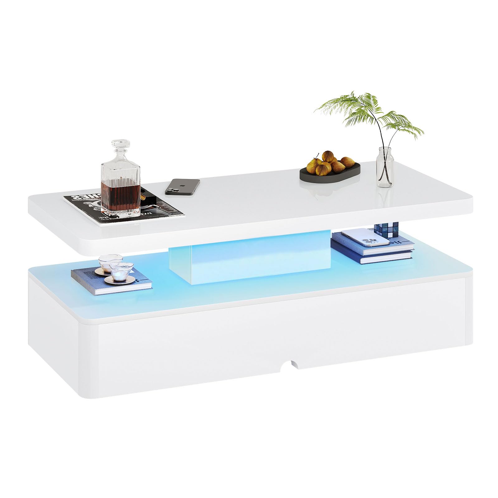 MXV Modern Coffee Table, 47 Inches Coffee Tables with 16 Colors LED Lights, 2 Tier Rectangular Center Table, Large Storage Space, High Glossy Wooden Tea Table for Living Room, Bedroom, Office, White