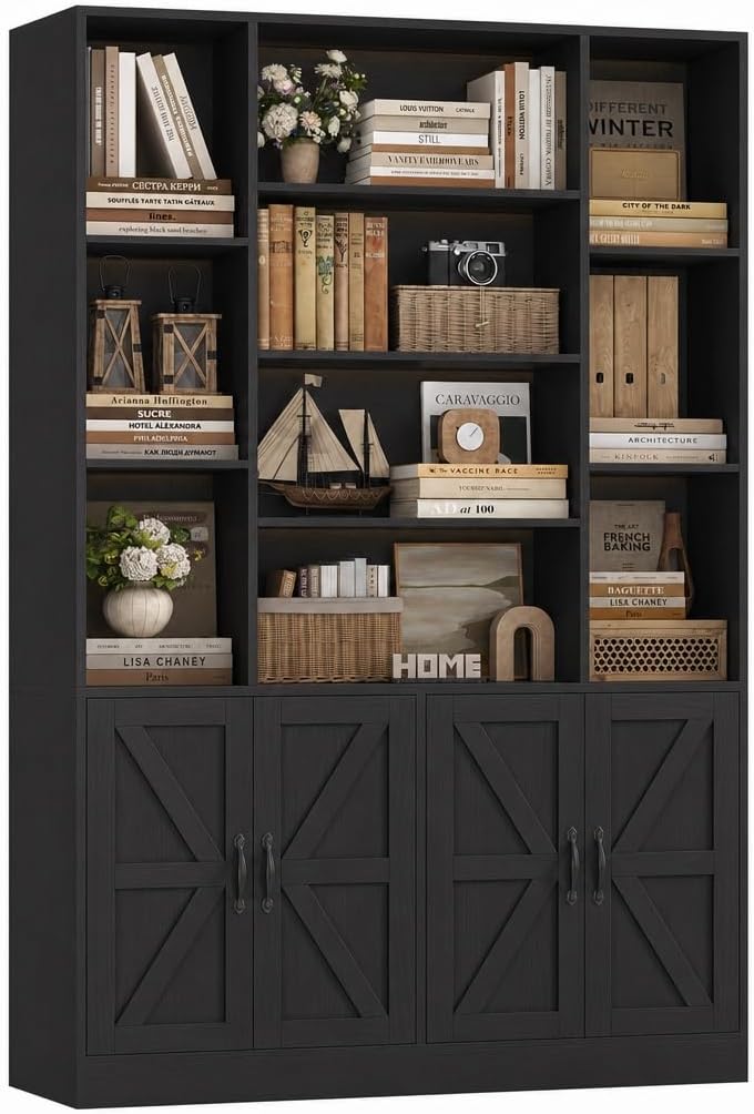 HOSTACK 72” Tall Book Shelf and Bookcase, White Bookshelf with Storage Cabinet, 45” Wide Bookcase with 4 doors, Standing Display Shelves, Modern Farmhouse Book Case for Living Room, Home Office, Black