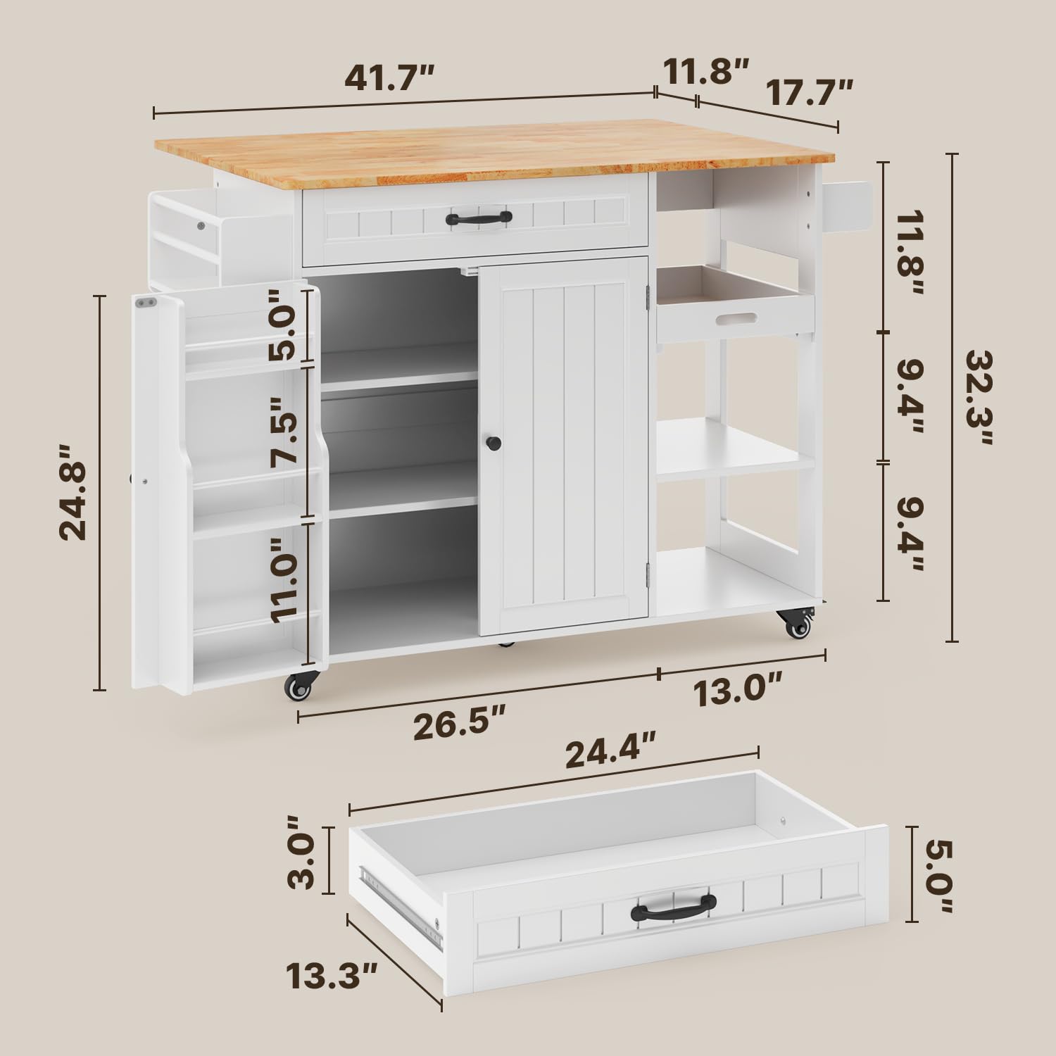 Gizoon Update Kitchen Island, 41.7" W Kitchen Island with Storage, Rolling Island Table on 5 Wheels, with Drop Leaf, Refrigerator Door, Adjustable Shelf, Spice/Towel Rack, Removable Tray, White