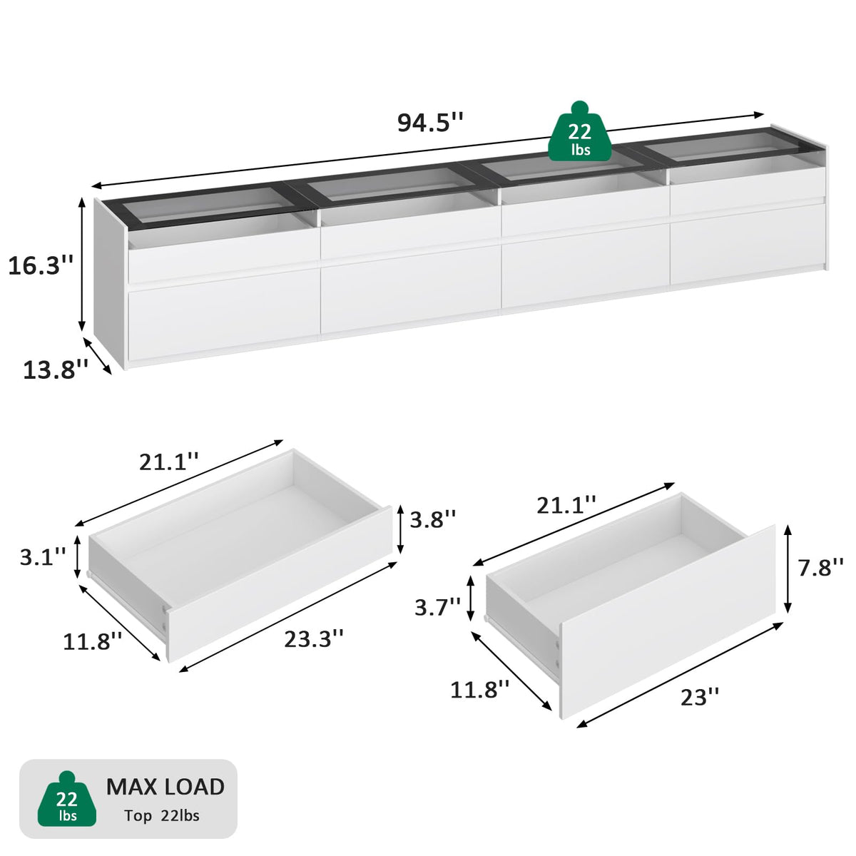 UANRBOA 94.5" TV Stands for Living Room, TV Console with LED Lights, White