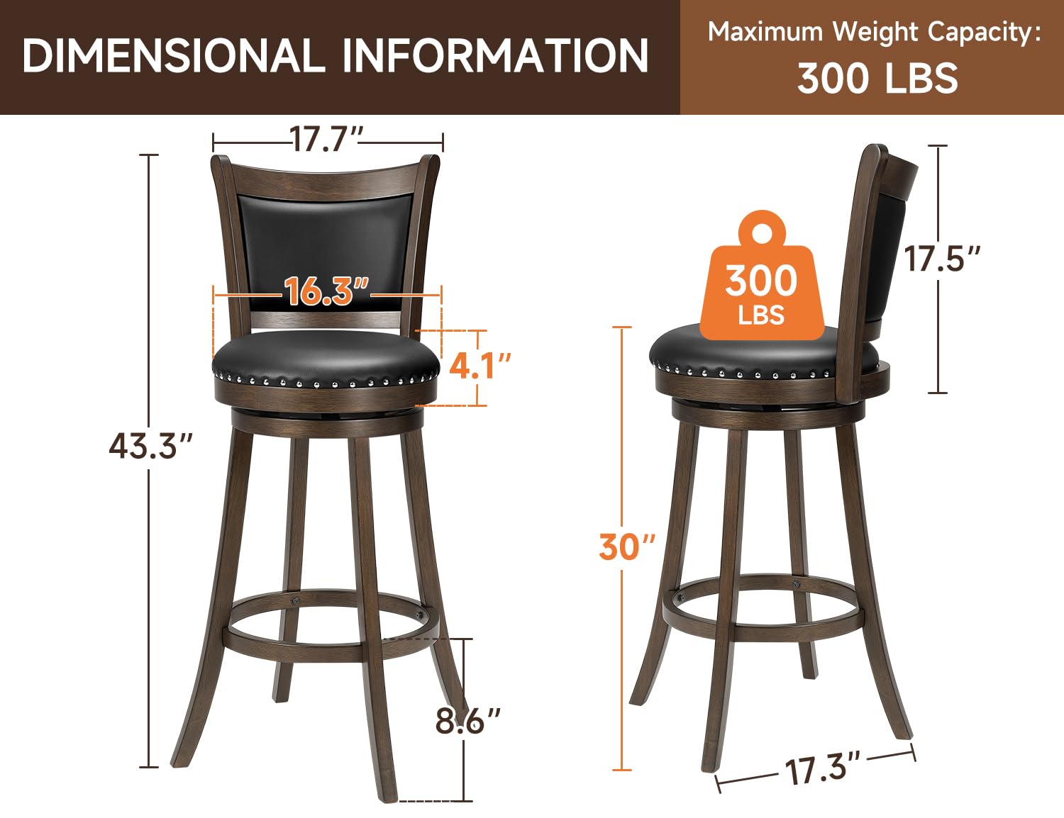 Swivel Bar Stools Set of 4 with Back & Footrest
