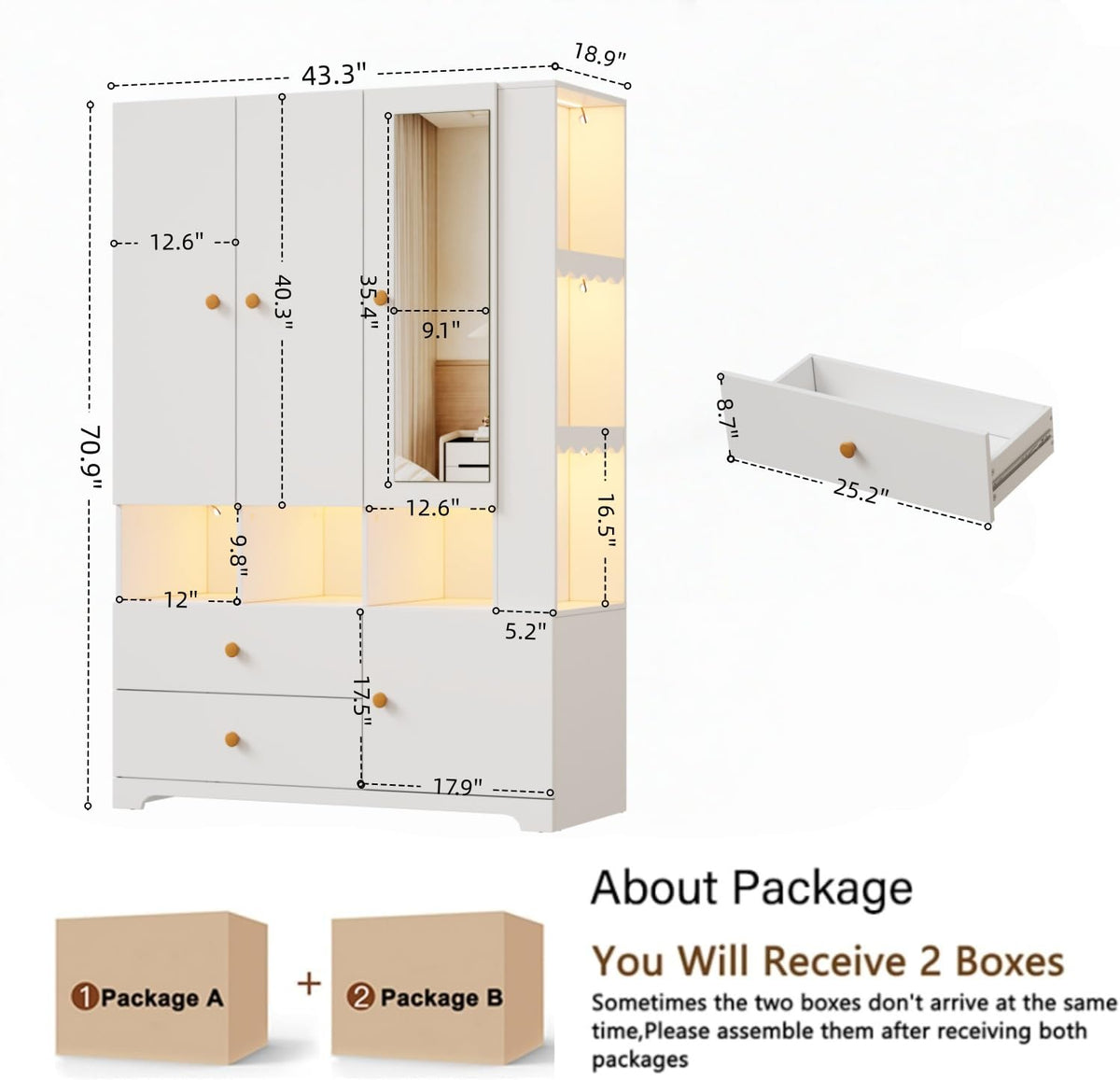 PAKASEPT 3‑Door Armoire Wardrobe Closet,71" Bedroom Cabinet with Mirror