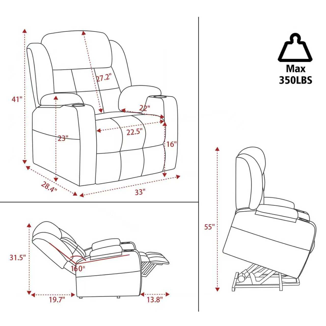 Ketaiyou Electric Power Lift Recliner Chair Sofa with Massage and Heat for Elderly, USB and Type-C Ports, Cup Holders, Infinite Position (Dark Grey, Regular)