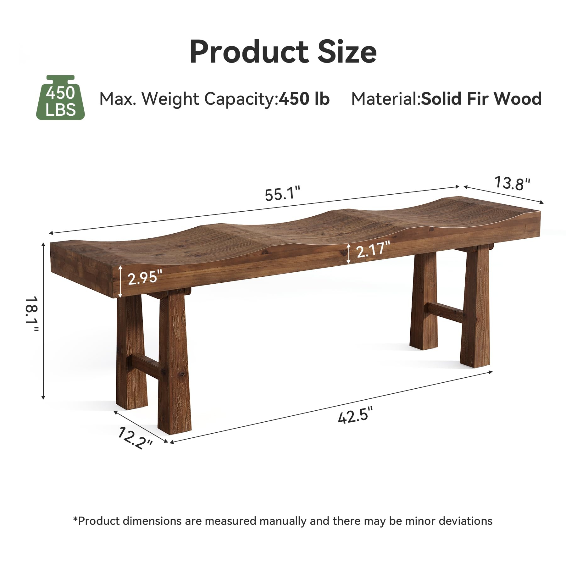 Solid Wood Entryway Bench with Wave-Top Design, 55"