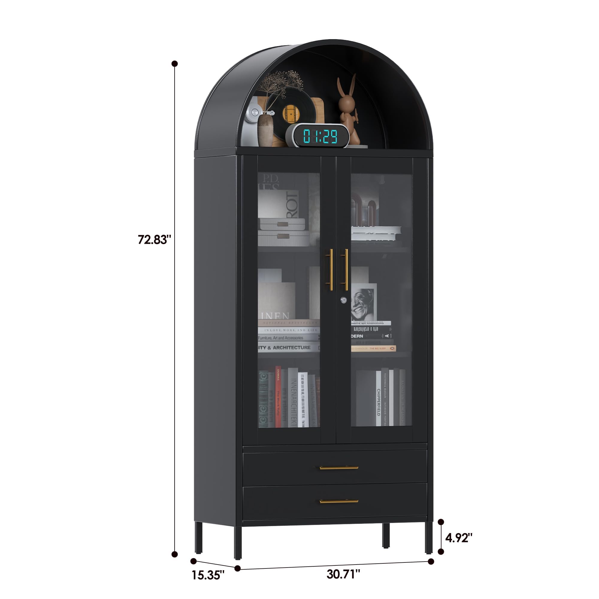 GangMei 73" Tall Display Cabinet with Glass Doors and 2 Drawers, Metal Arched Cabinet with 2 Adjustable Shelves & Lock, Freestanding Curio Storage Cabinet for Home, Assembly Required, Black