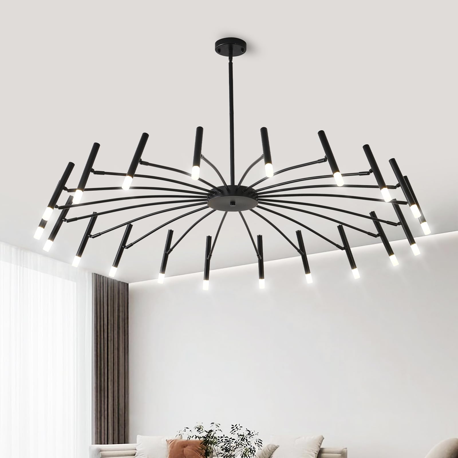 EGM 53 Inch Black Modern Chandelier, 20-Light Mid Century Sputnik Ceiling Light Fixture with G9 Bulbs, Large LED Chandeliers for Bedroom Dining Room, Round Pendant Light for Kitchen Island Foyer