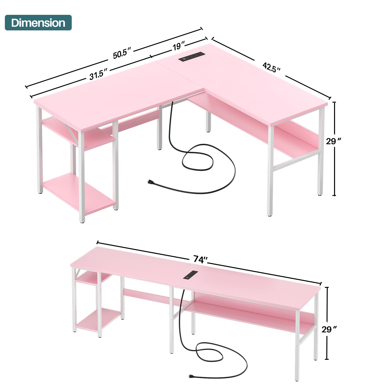 Unikito Reversible L Shaped Desk with Magic Power Outlets and USB Charging Ports, Sturdy Corner Computer Desk with Storage Shelves, Gaming Table Home Office Desk, Easy to Assemble, Pink
