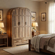 Squireewo 3 Doors Armoire Wardrobe Closet with Mirror and Lights, 71" Farmhouse Arched Wooden Wardrobe Cabinet with 2 Drawers,Hanging Rod, Clothing Storage Closet Cabinet for Bedroom,Light Rustic Oak