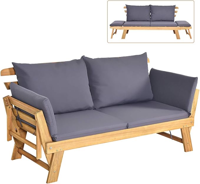 Acacia Wood Outdoor Daybed with Adjustable Armrests & Cushions