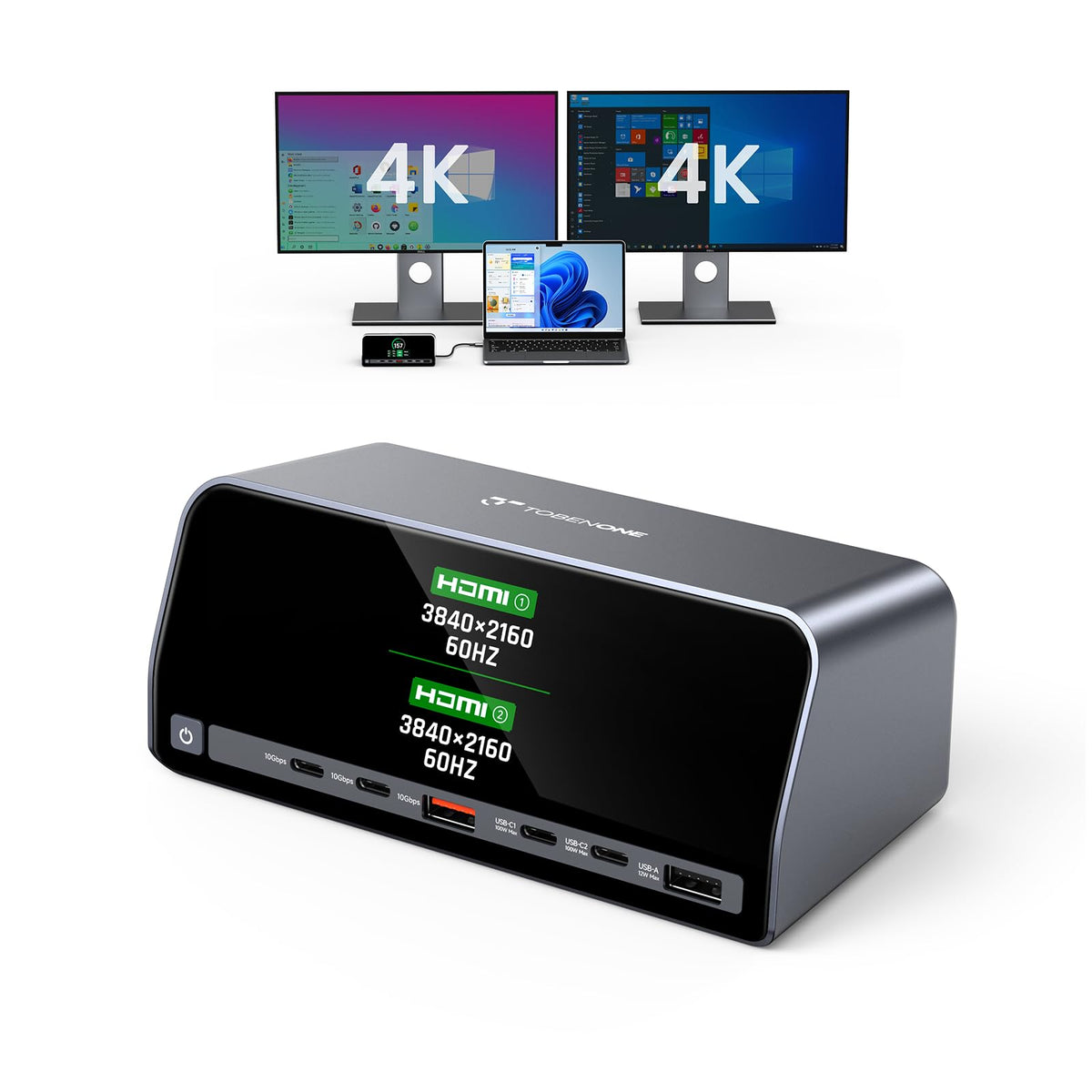 TobenONE Docking Station Dual 4K Monitor for Windows, 160W GaN+ LCD Display