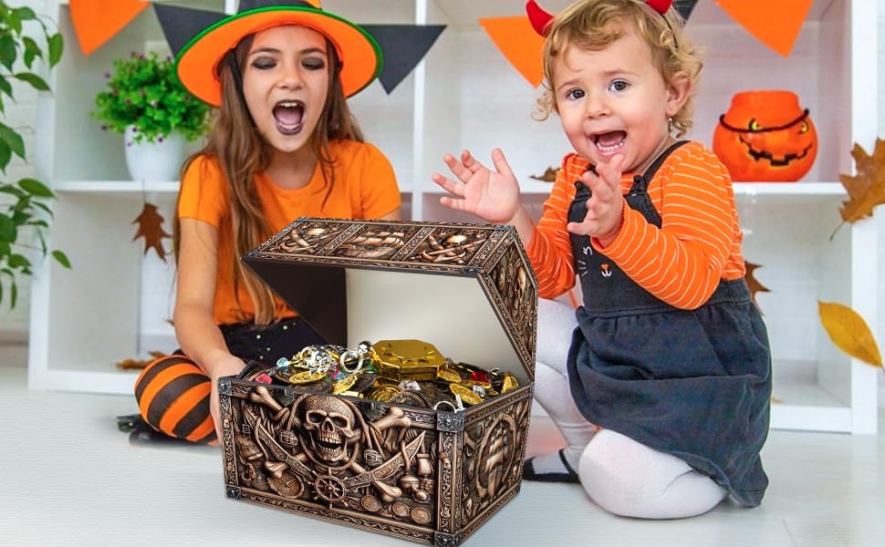 PETCEE Pirate Treasure Chest & Skull Box - Large 9"x 9.3"x 8" Cardboard Classroom Storage for Kids Prizes Reusable Treasure Chest for Classroom Rewards Pirate Party Decor Toys Keepsake Organizer