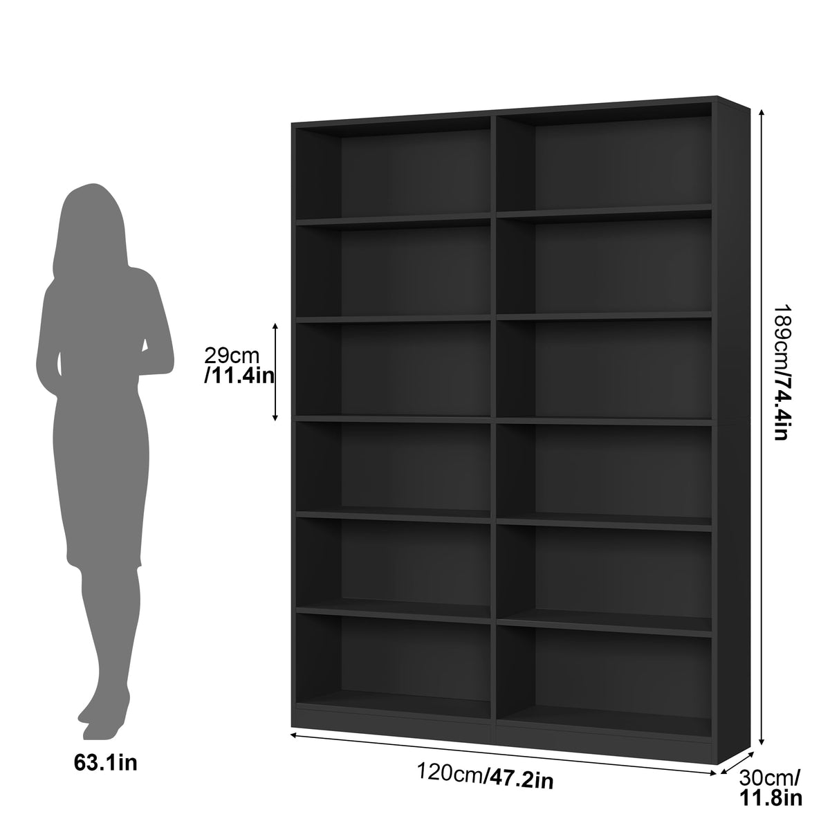 6-Tier Double Wide Black Bookshelf