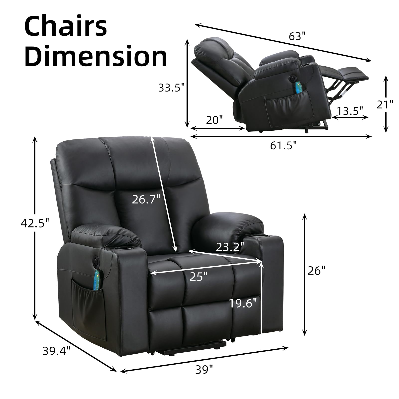 Bonzy Home Extra Wide Lift Chair with Heat and Massage, Faux Leather Power Lift Recliner Massage Chair for Adults Elderly, Upholstered Recliner with 2 Cup Holders, Side Pocket
