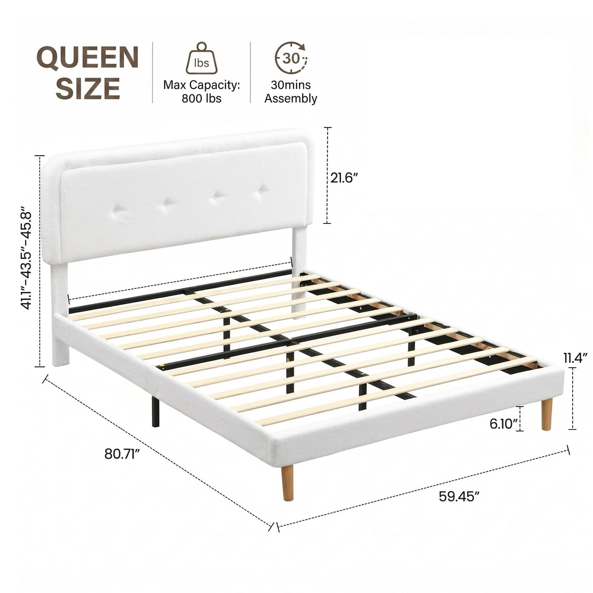 Queen Size Bed Frame with Height Adjustable Headboard Boucle Fabric, White