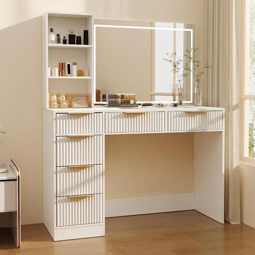 Patikuin 52" Fluted Makeup Vanity Desk with Mirror & Adjustable Lighting, Dressing Table with 6 Drawers, Glass Top, Shelves & Hairdryer Stand for Bedroom, Modern Vanity with Charging Station, White