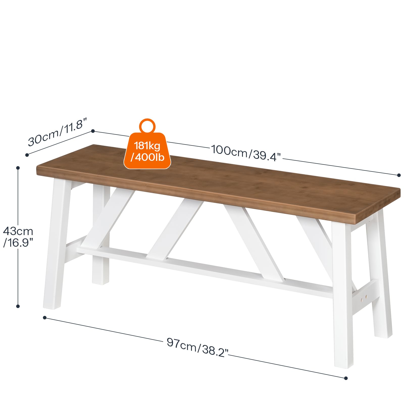 Bamboo Dining Bench 39.4" | Farmhouse Style | Walnut & White