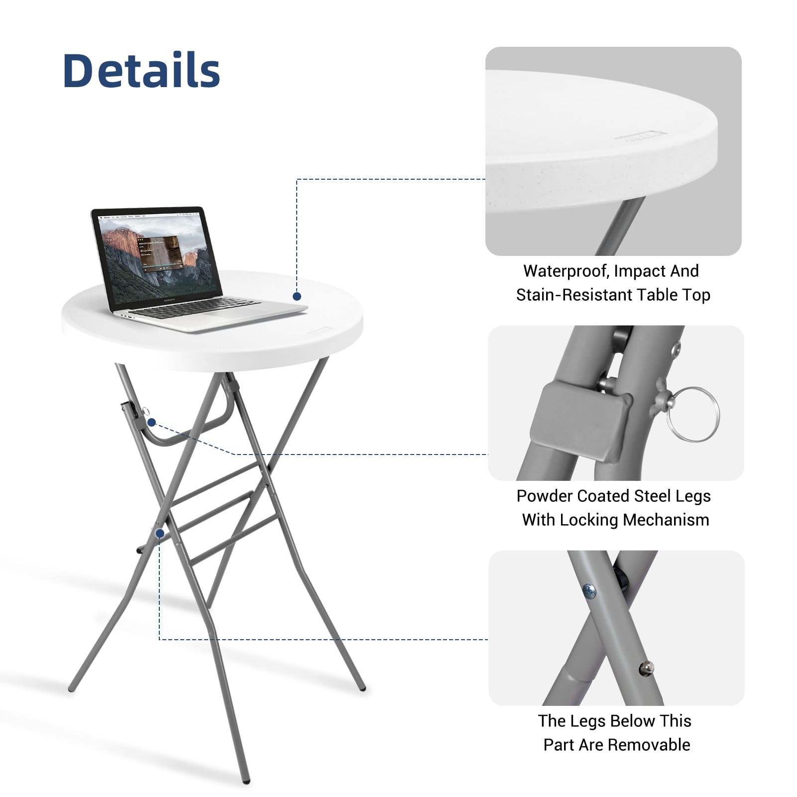Byliable Cocktail Table 28in Folding Round High Top Indoor Outdoor with Removable Legs, Tall Bistro Foldable Bar Height Table for Parties, Patio, Backyard, Dining, Wedding, White- 2PCS