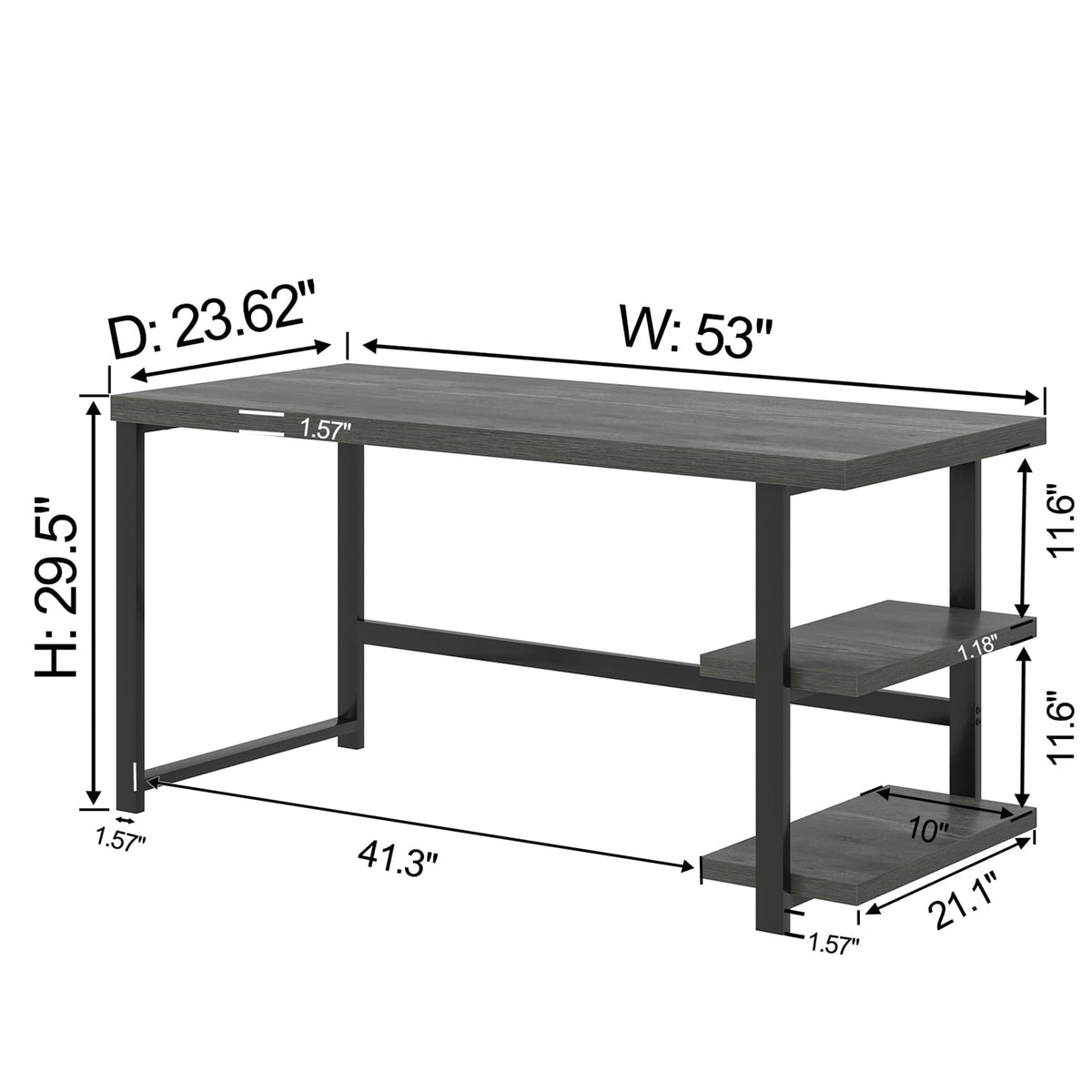 EXCEFUR Industrial Computer Desk, Home Office Desk with Storage Shelves, Wood Study Writing Table for Bedroom, Living Room, Grey, 53 Inch