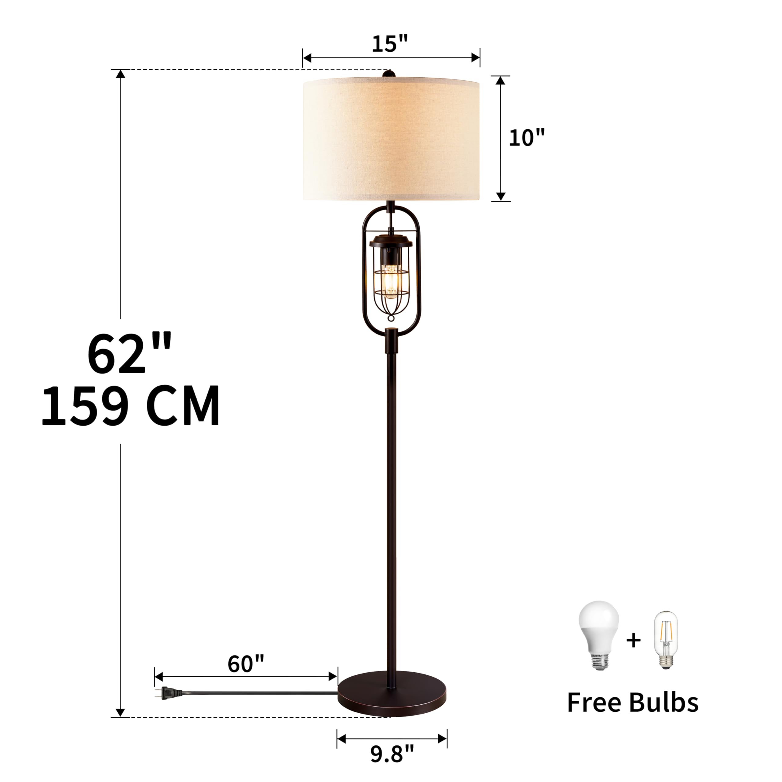 KAWOTl Farmhouse Floor Lamp with Night Light, 62.5’’ Industrial Bronze Standing Lamp for Living Room, Bedroom, Home Office, Rustic Lantern-Style (LED Bulbs Included)